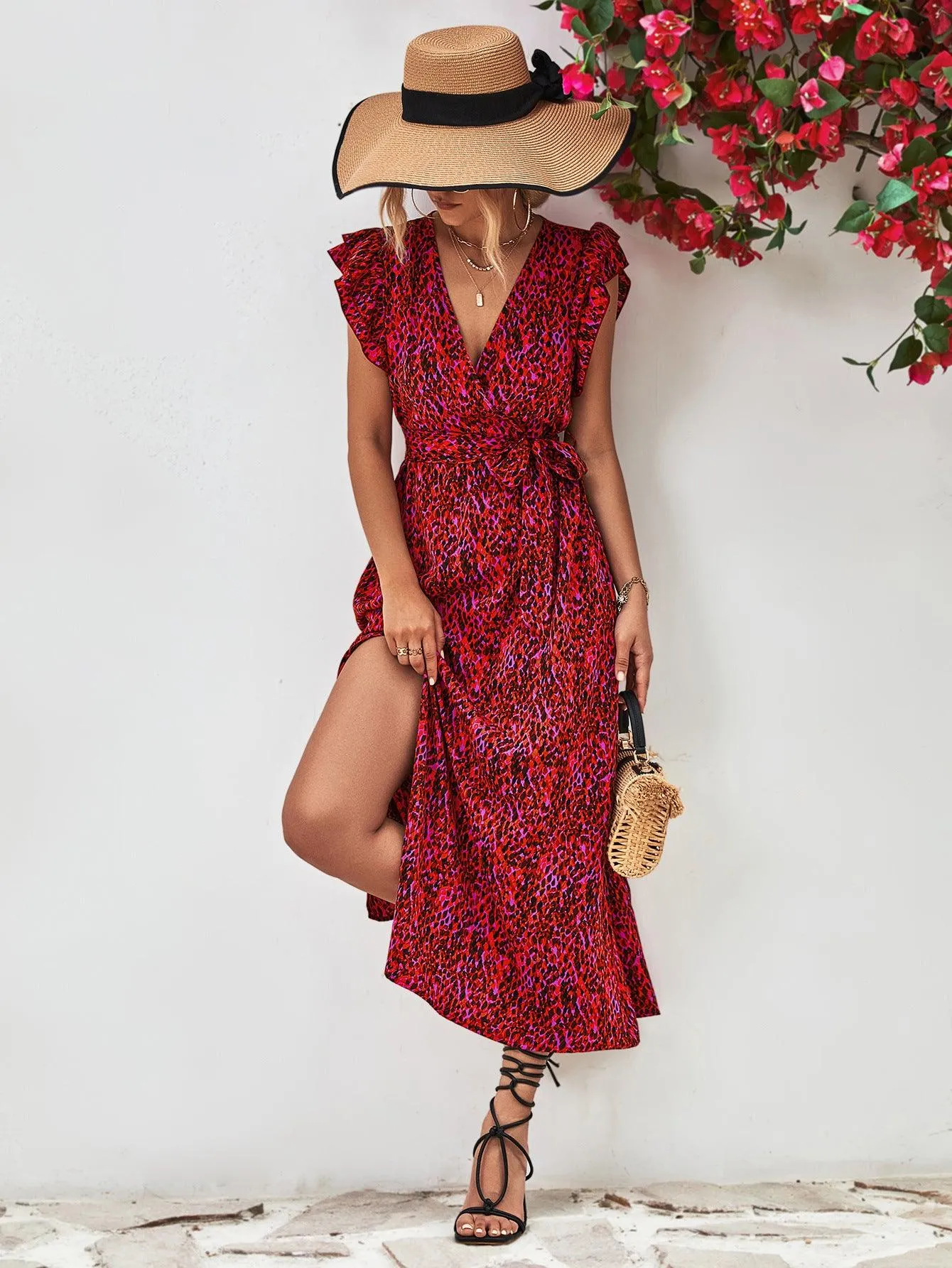 Hazel Blues® |  Printed Surplice Neck Flutter Sleeve Slit Dress