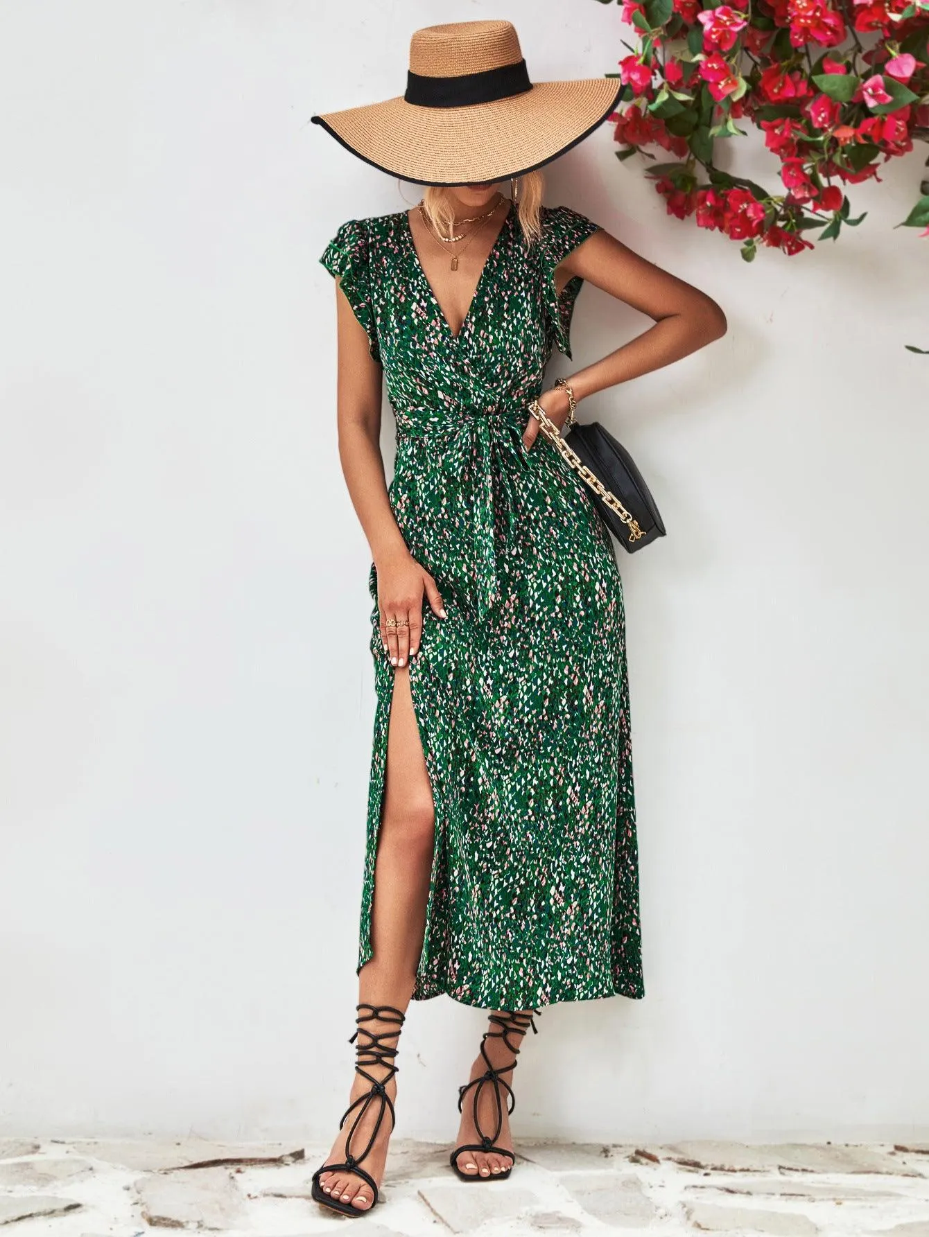 Hazel Blues® |  Printed Surplice Neck Flutter Sleeve Slit Dress