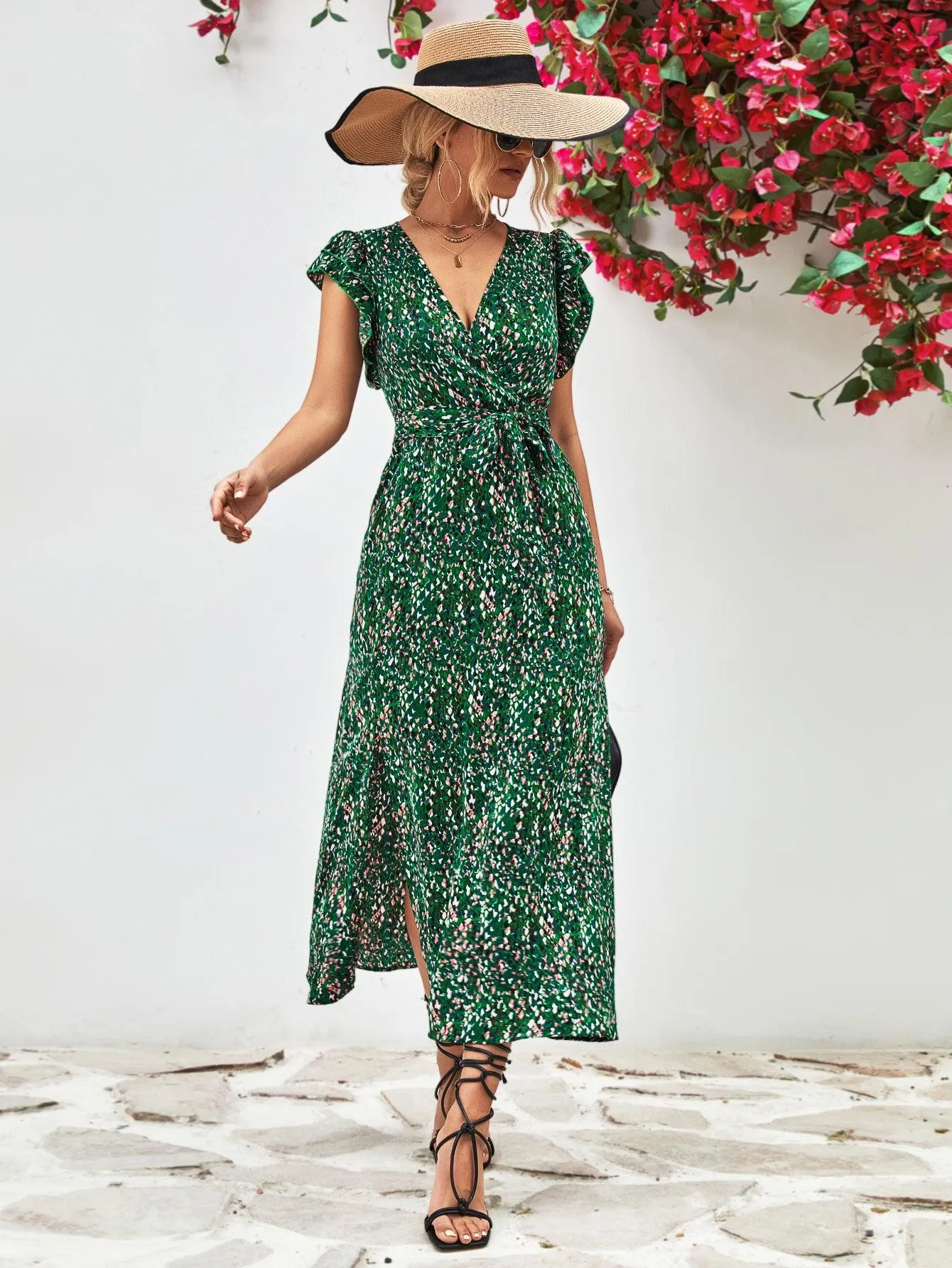 Hazel Blues® |  Printed Surplice Neck Flutter Sleeve Slit Dress