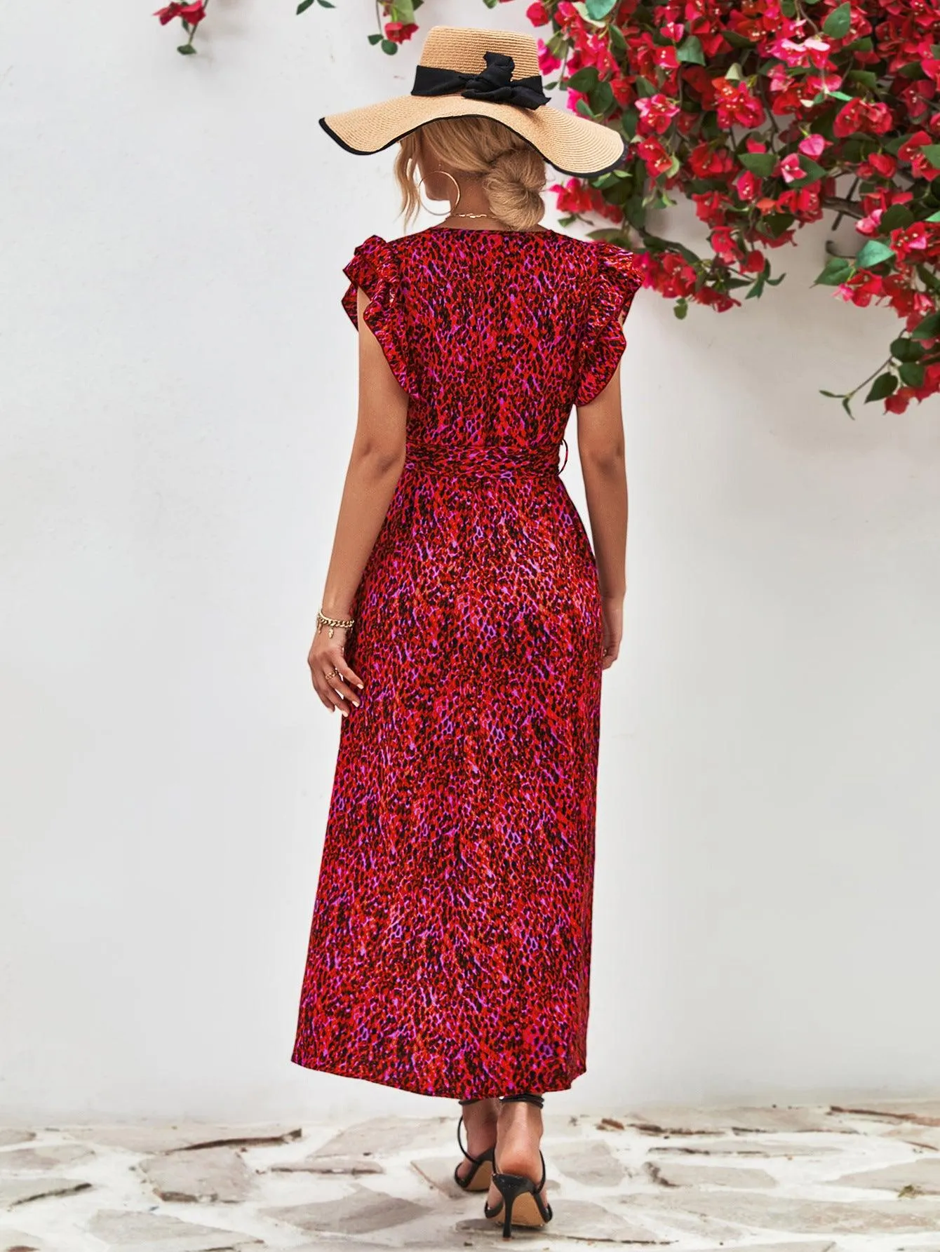 Hazel Blues® |  Printed Surplice Neck Flutter Sleeve Slit Dress