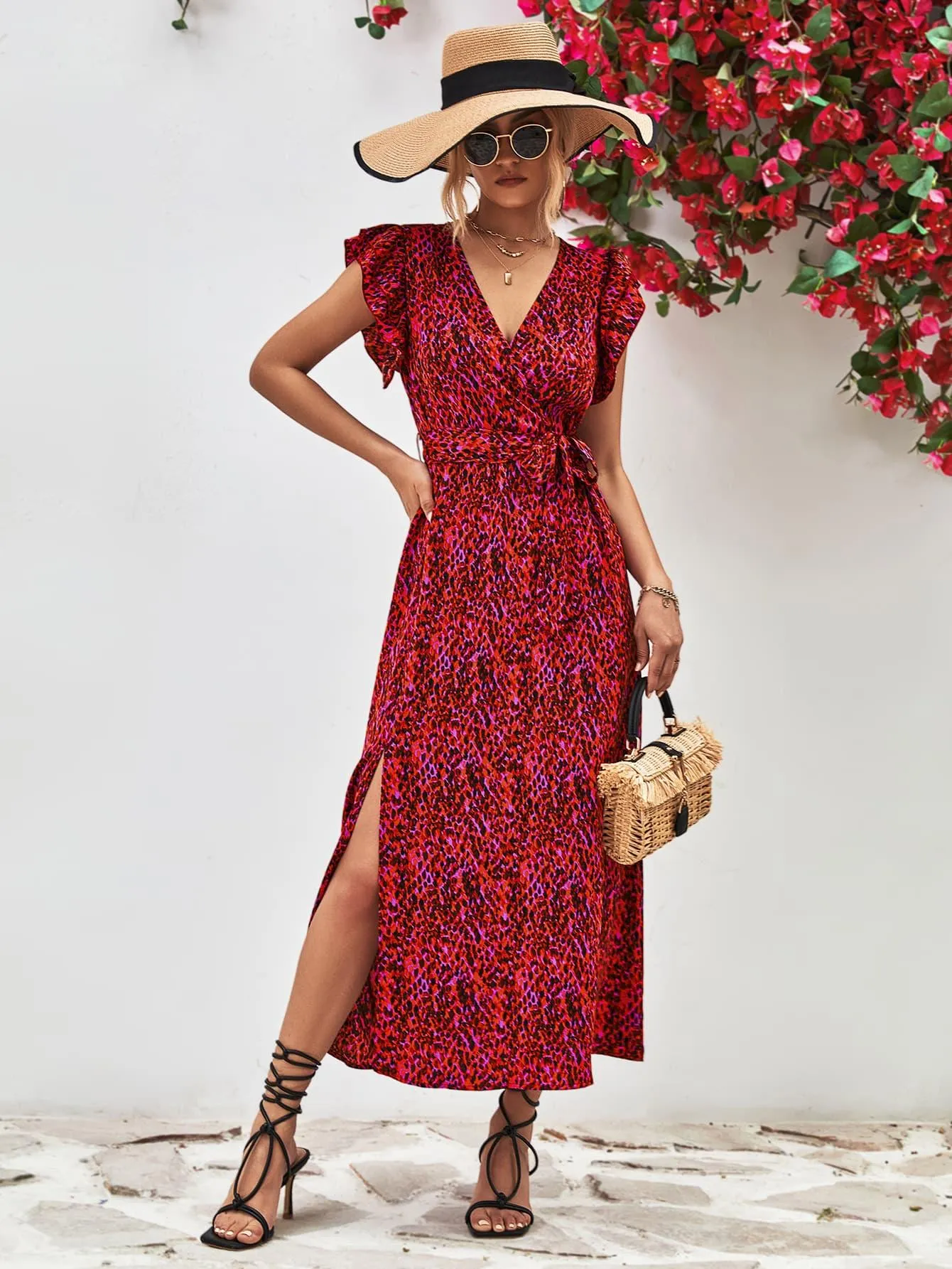 Hazel Blues® |  Printed Surplice Neck Flutter Sleeve Slit Dress
