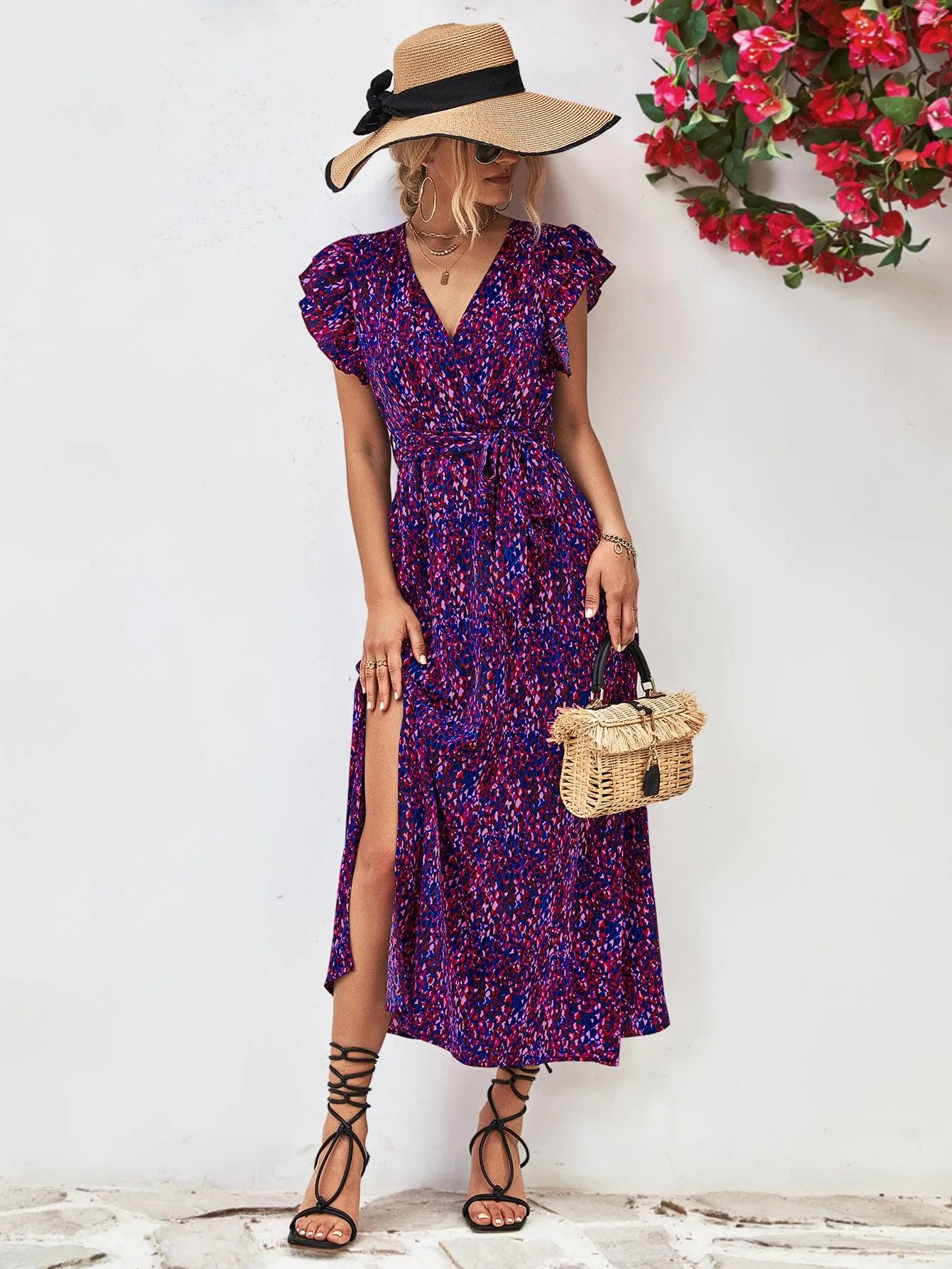 Hazel Blues® |  Printed Surplice Neck Flutter Sleeve Slit Dress