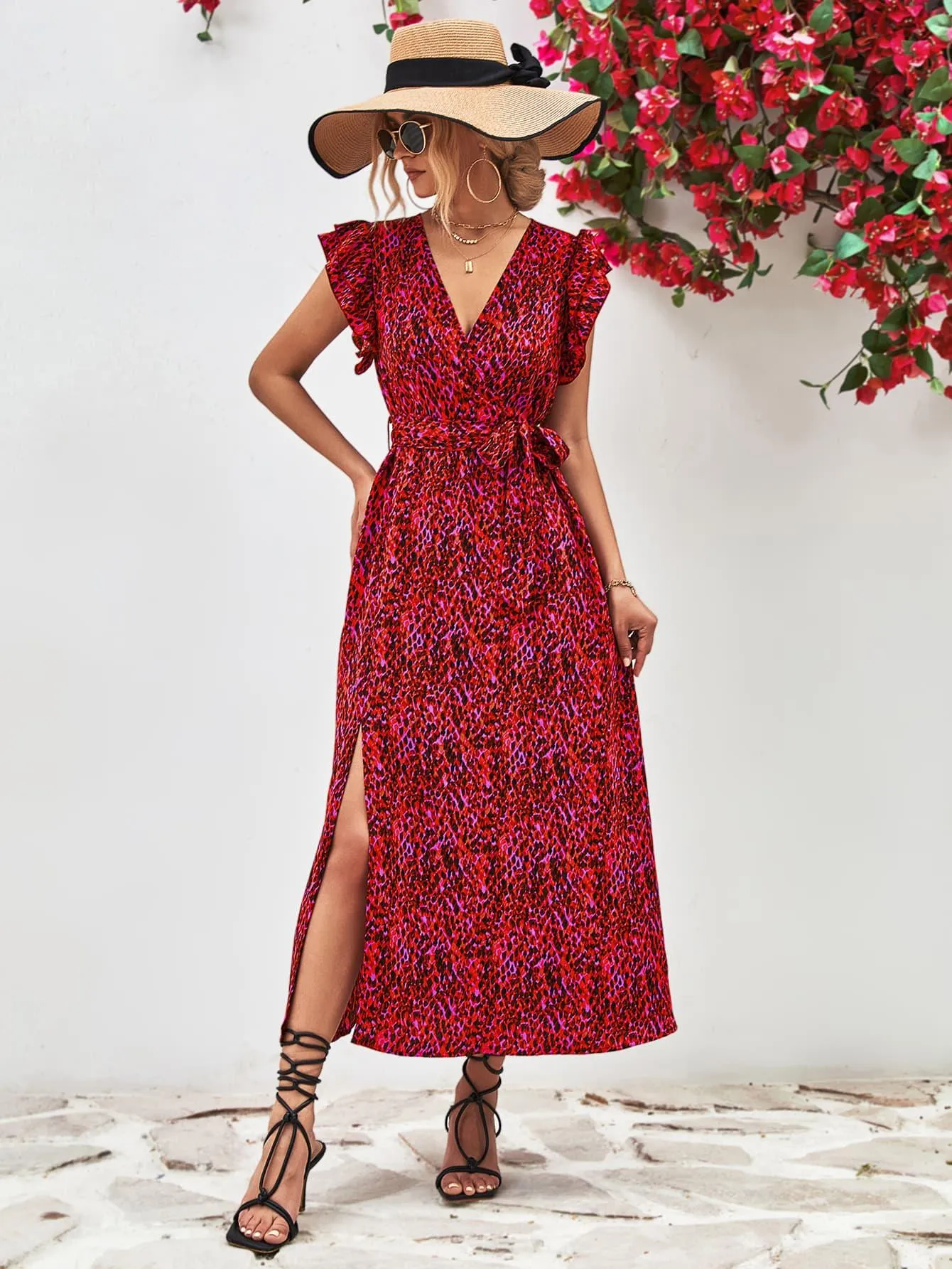 Hazel Blues® |  Printed Surplice Neck Flutter Sleeve Slit Dress