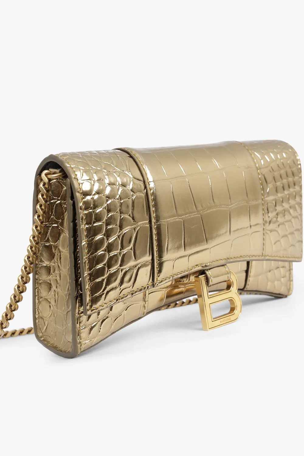 HOURGLASS WALLET ON CHAIN METALLISED CROC EMBOSSED | GOLD/GOLD