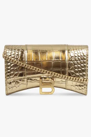 HOURGLASS WALLET ON CHAIN METALLISED CROC EMBOSSED | GOLD/GOLD