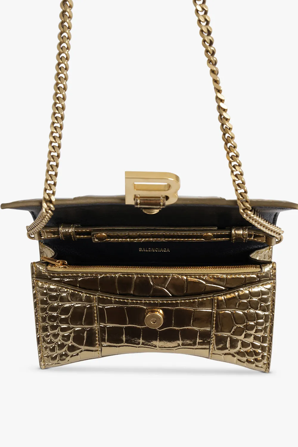 HOURGLASS WALLET ON CHAIN METALLISED CROC EMBOSSED | GOLD/GOLD