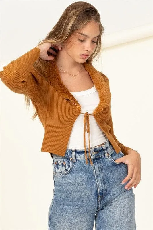 HYFVE Miss Mesmerize Fur Trim Tie Front Ribbed Cardigan