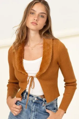 HYFVE Miss Mesmerize Fur Trim Tie Front Ribbed Cardigan