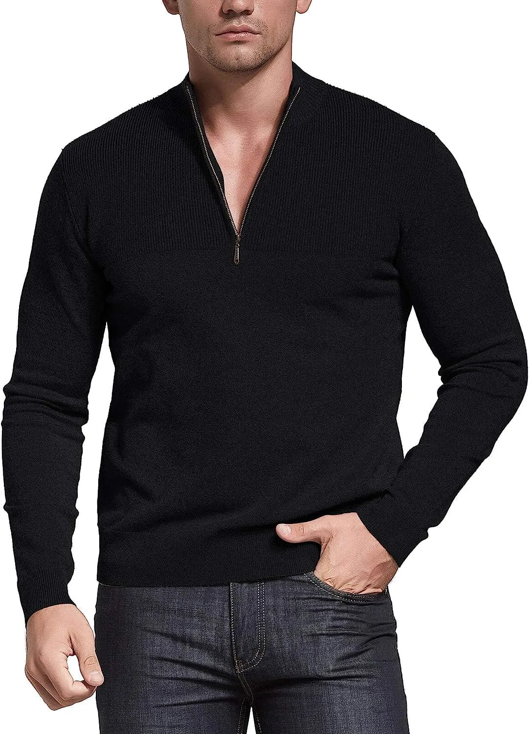Iceglad Mens Slim Fit Zip Up Mock Neck Polo Sweater Casual Long Sleeve Sweater and Pullover Sweaters with Ribbing Edge