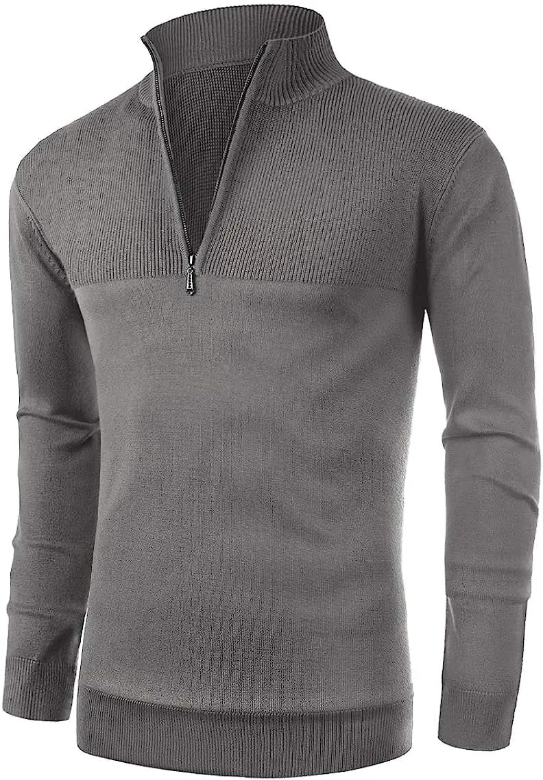 Iceglad Mens Slim Fit Zip Up Mock Neck Polo Sweater Casual Long Sleeve Sweater and Pullover Sweaters with Ribbing Edge
