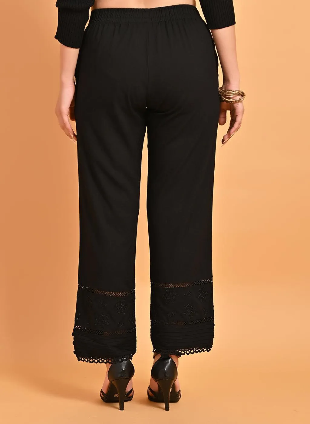 Ira Black Embroidered Relaxed Fit Palazzo Pants for Women