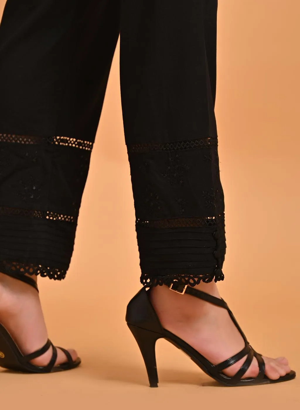 Ira Black Embroidered Relaxed Fit Palazzo Pants for Women
