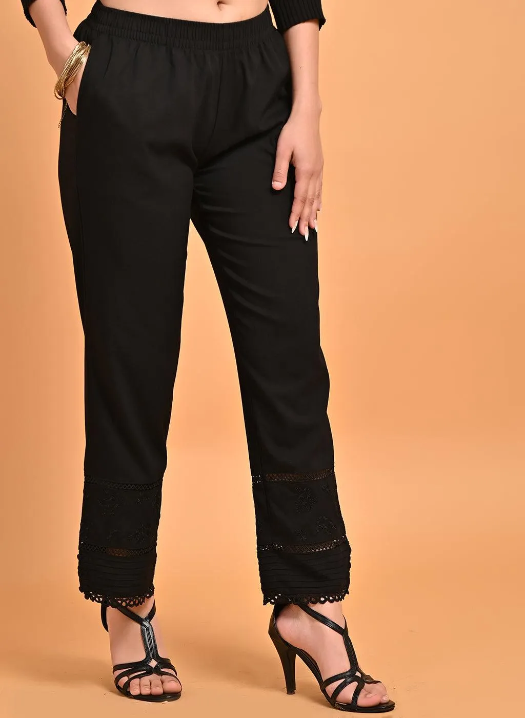 Ira Black Embroidered Relaxed Fit Palazzo Pants for Women