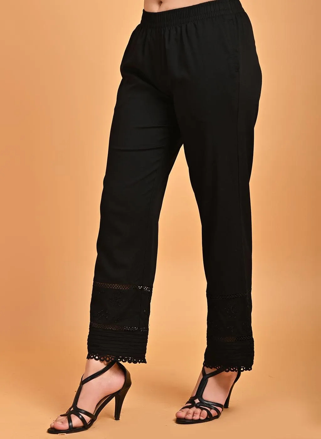 Ira Black Embroidered Relaxed Fit Palazzo Pants for Women