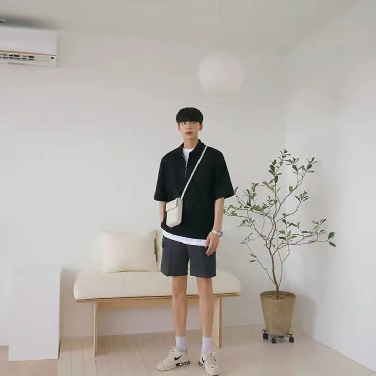 [Korean Style] 2 Colors Collar Zip-Up T-shirts