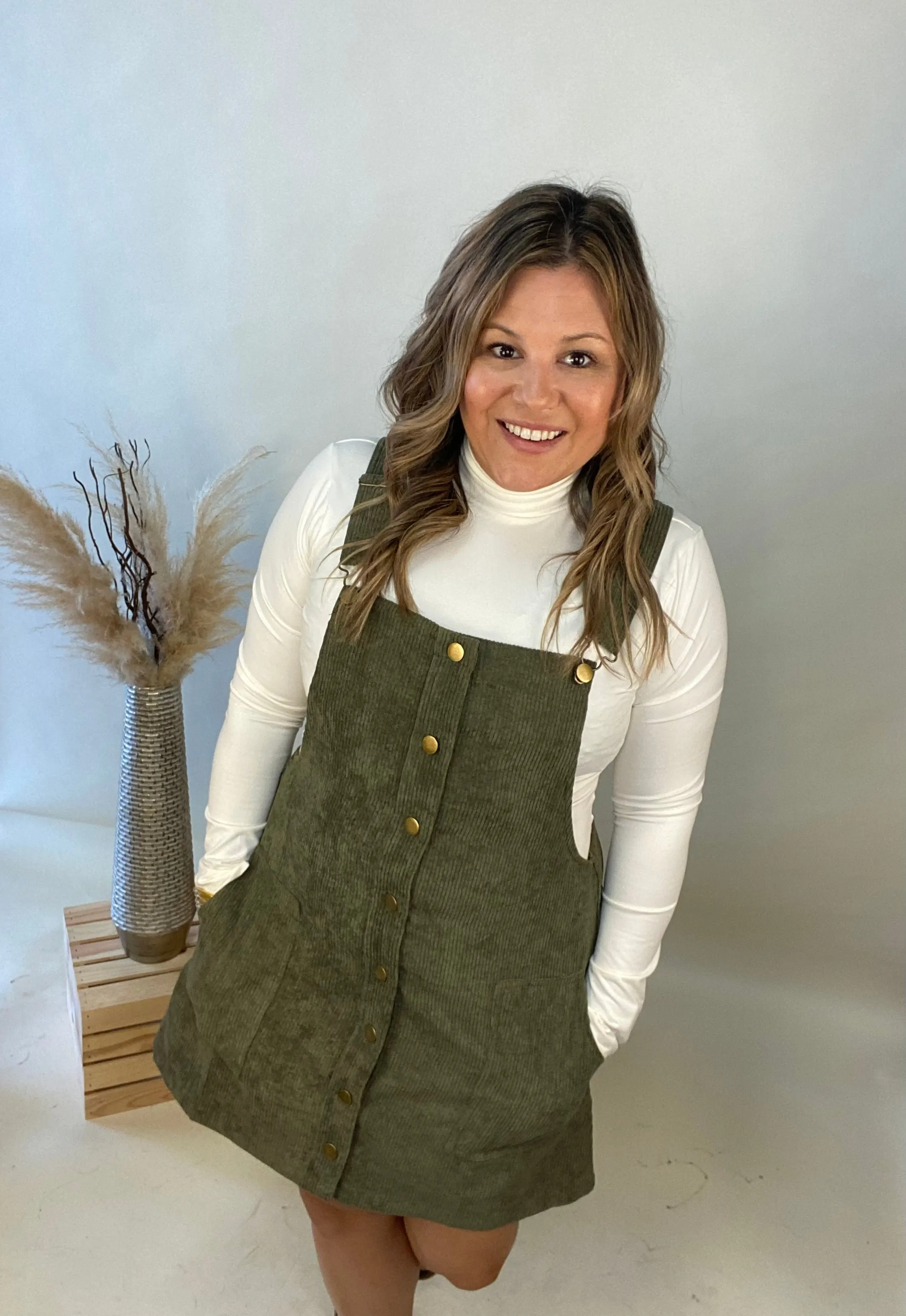 Lattes At The Lodge Corduroy Dress In Olive