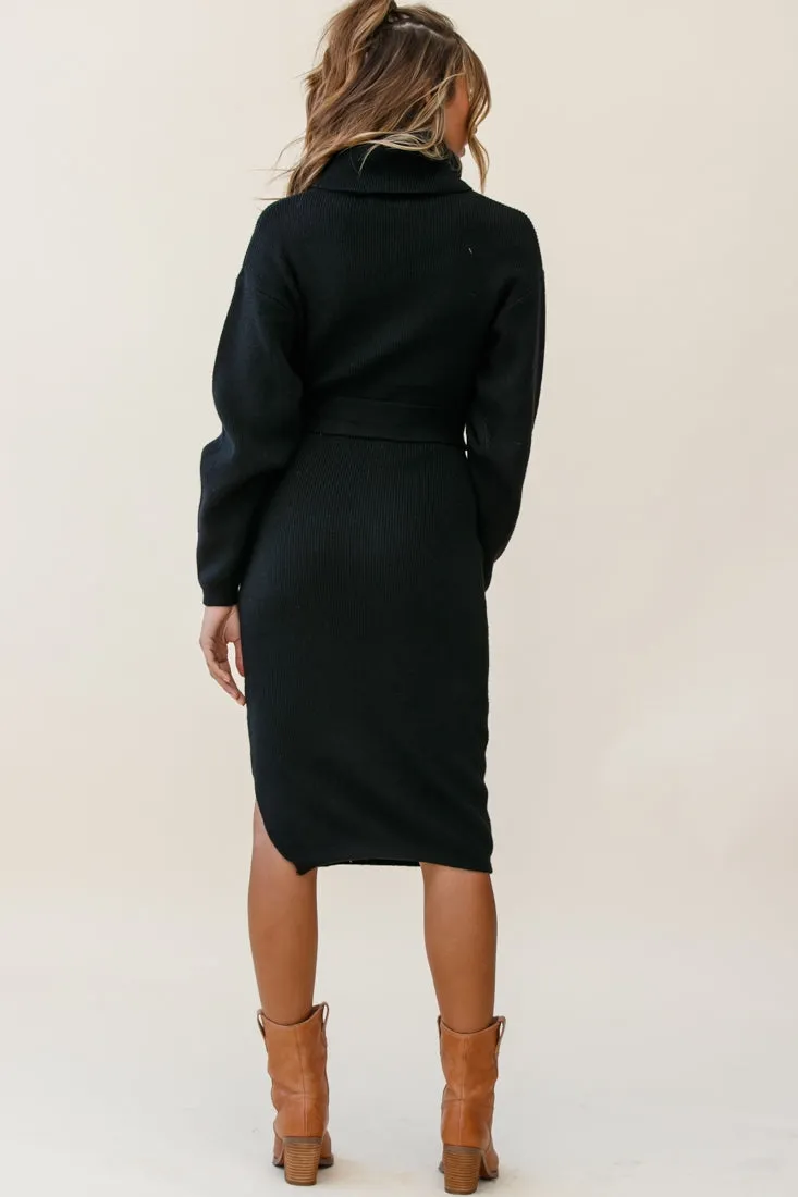 Marco Long Sleeve Turtleneck Knit Midi Dress Black
