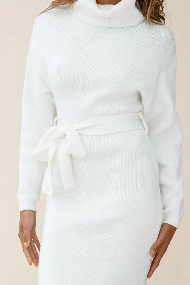 Marco Long Sleeve Turtleneck Knit Midi Dress White