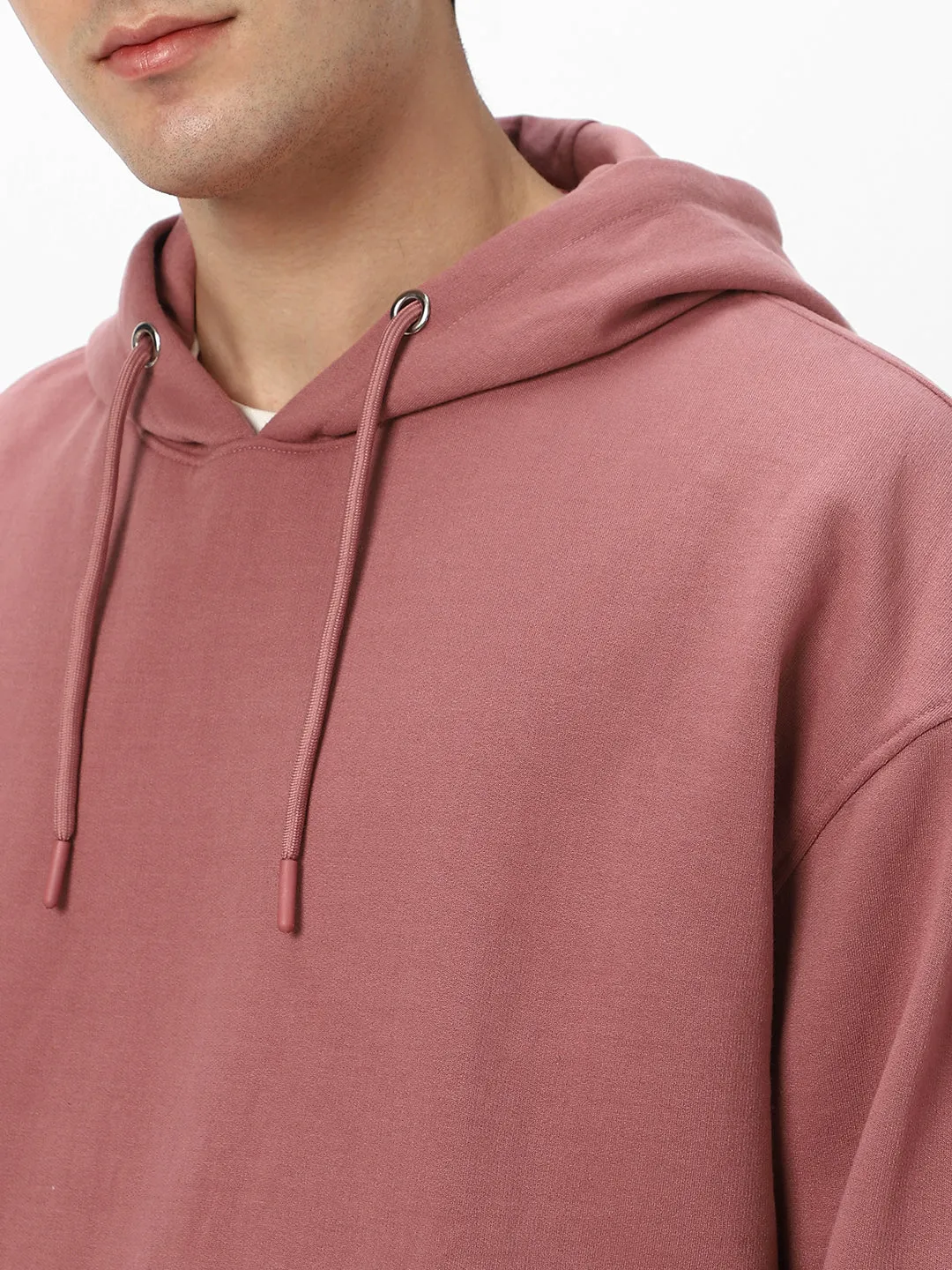 Men's Old Rose Cotton Solid Oversized Hooded Neck Sweatshirt