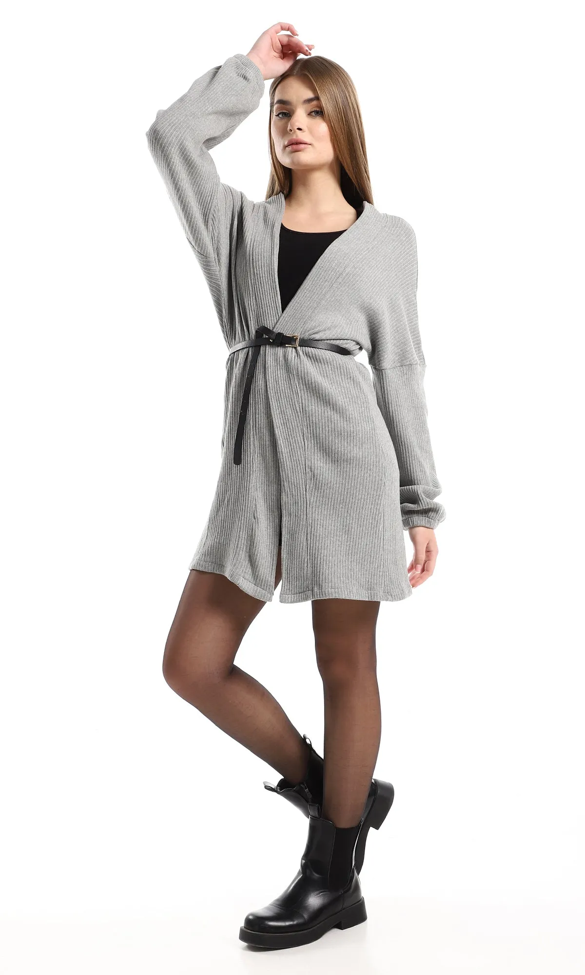 O162757 Ribbed Open Neckline Slip On Grey Cotton Cardigan