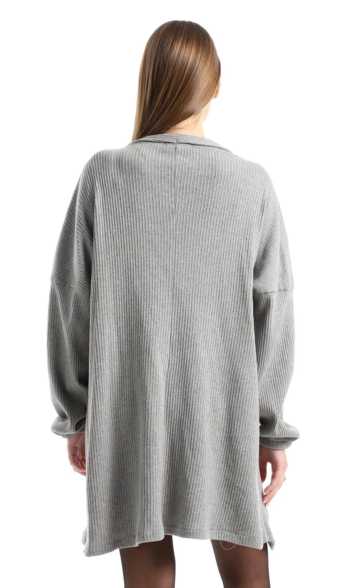 O162757 Ribbed Open Neckline Slip On Grey Cotton Cardigan