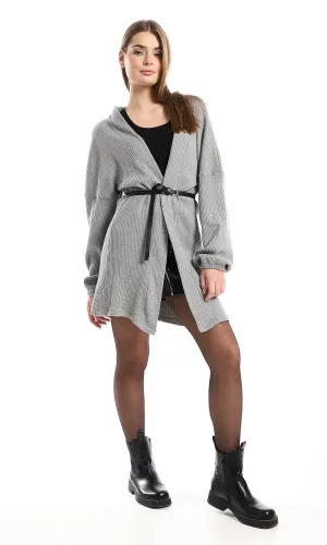 O162757 Ribbed Open Neckline Slip On Grey Cotton Cardigan