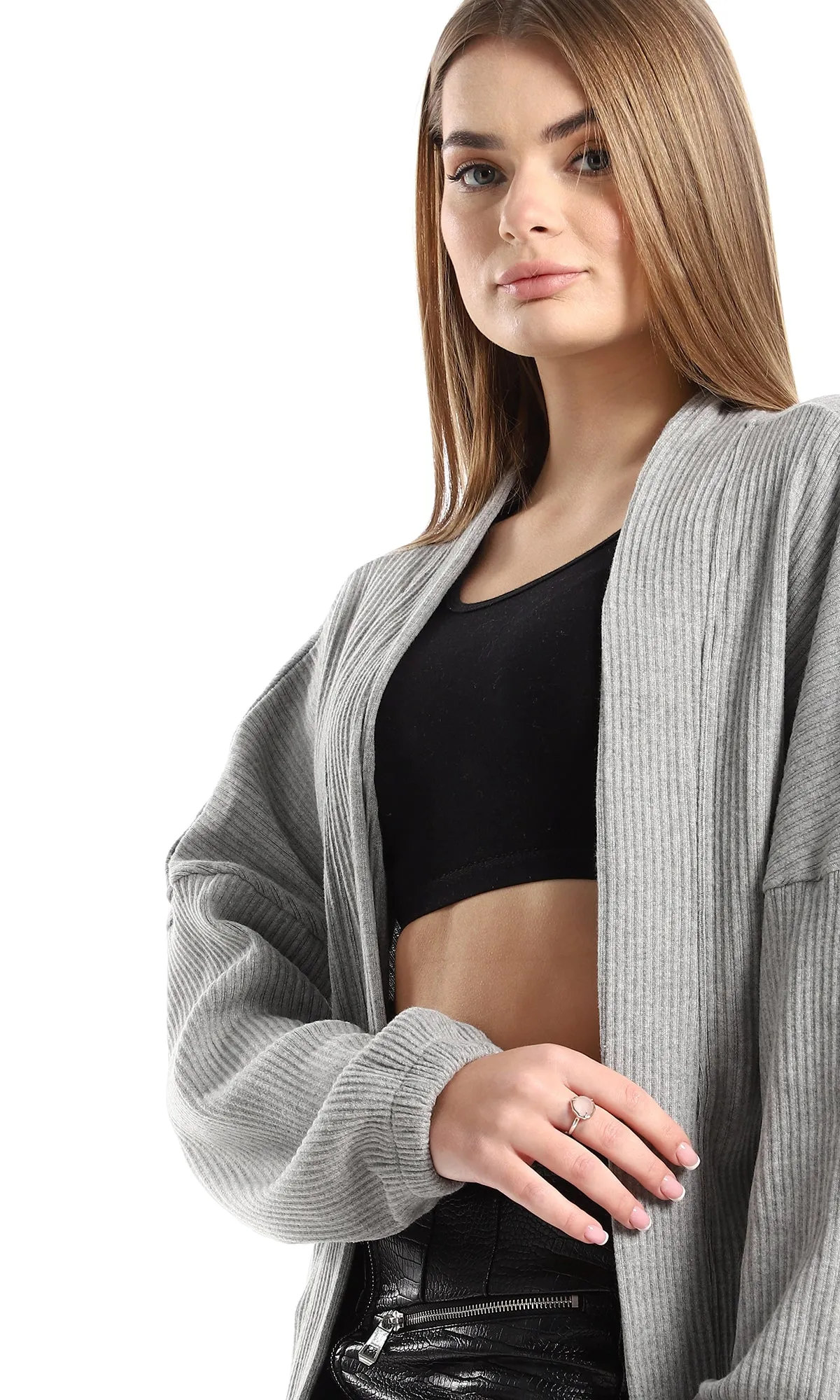 O162757 Ribbed Open Neckline Slip On Grey Cotton Cardigan