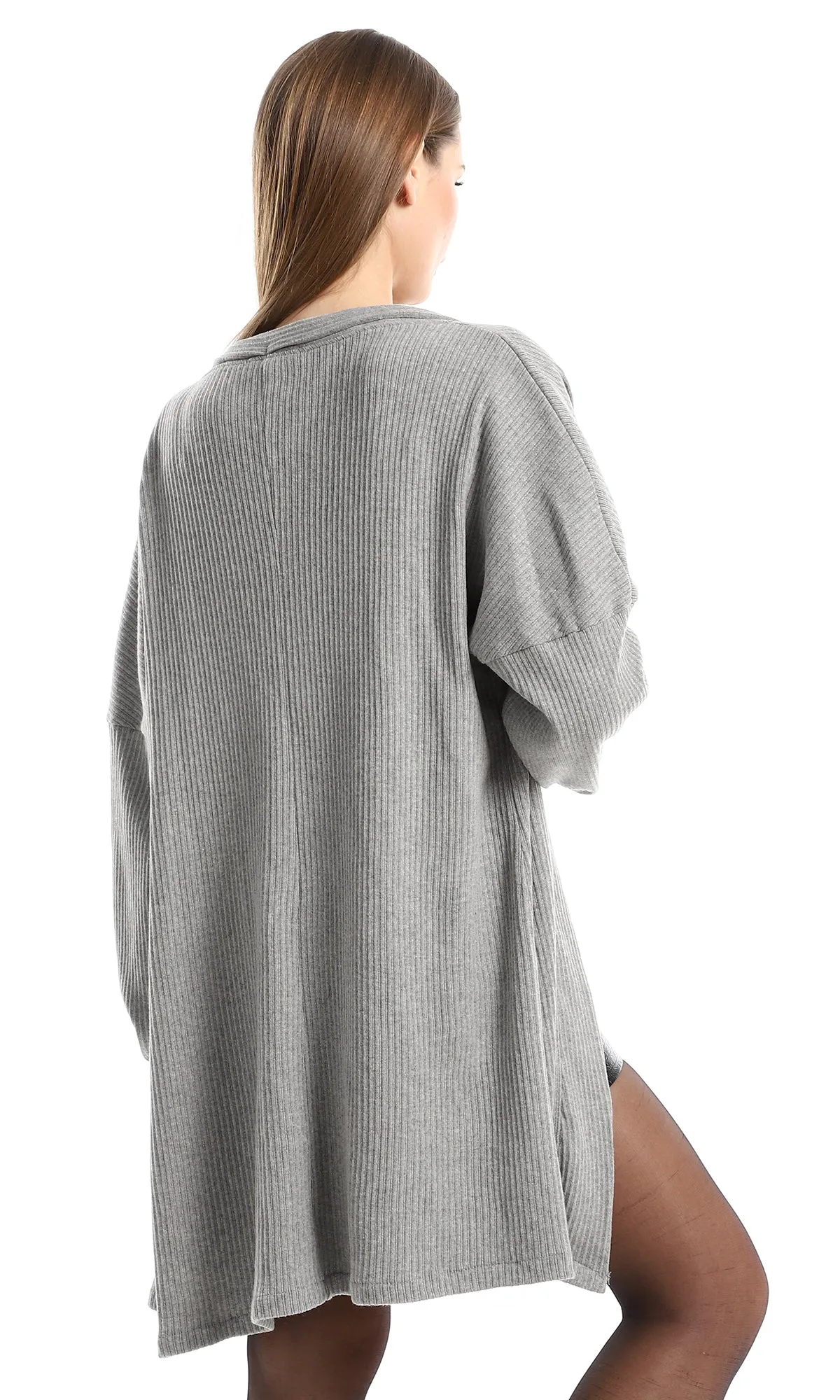 O162757 Ribbed Open Neckline Slip On Grey Cotton Cardigan