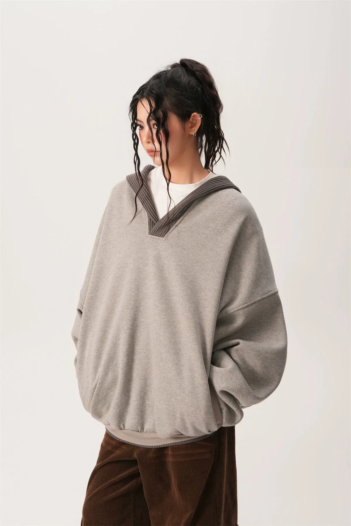 Oversized Knit Ribbed Heathered Hoodie