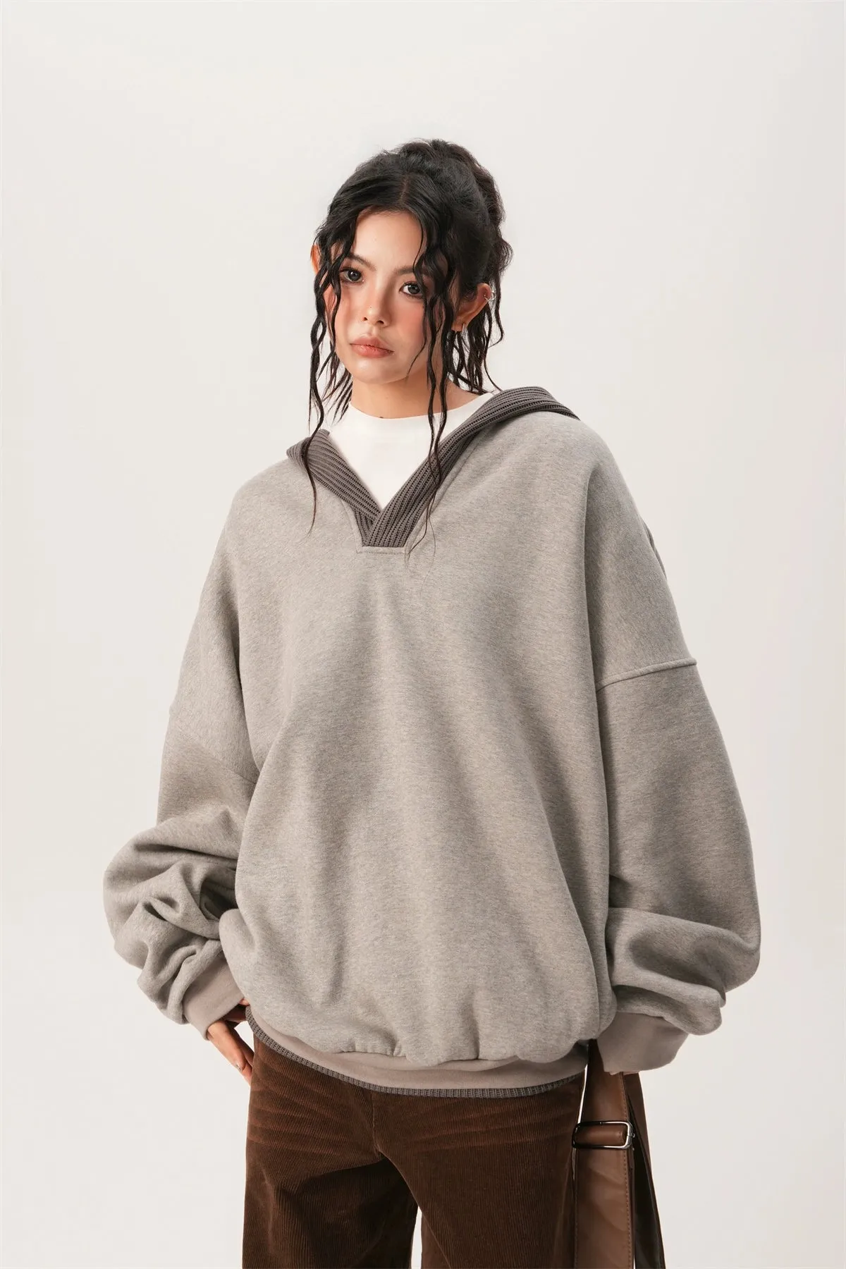 Oversized Knit Ribbed Heathered Hoodie
