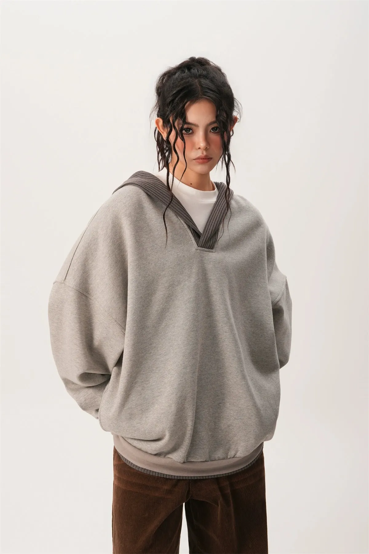Oversized Knit Ribbed Heathered Hoodie