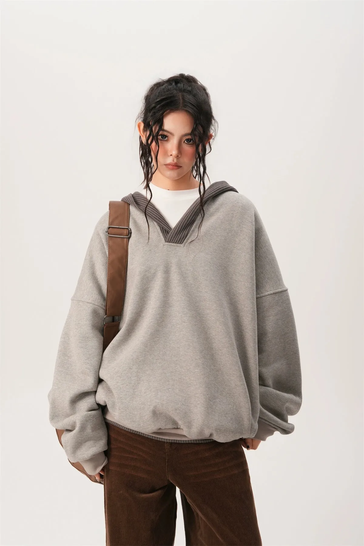 Oversized Knit Ribbed Heathered Hoodie