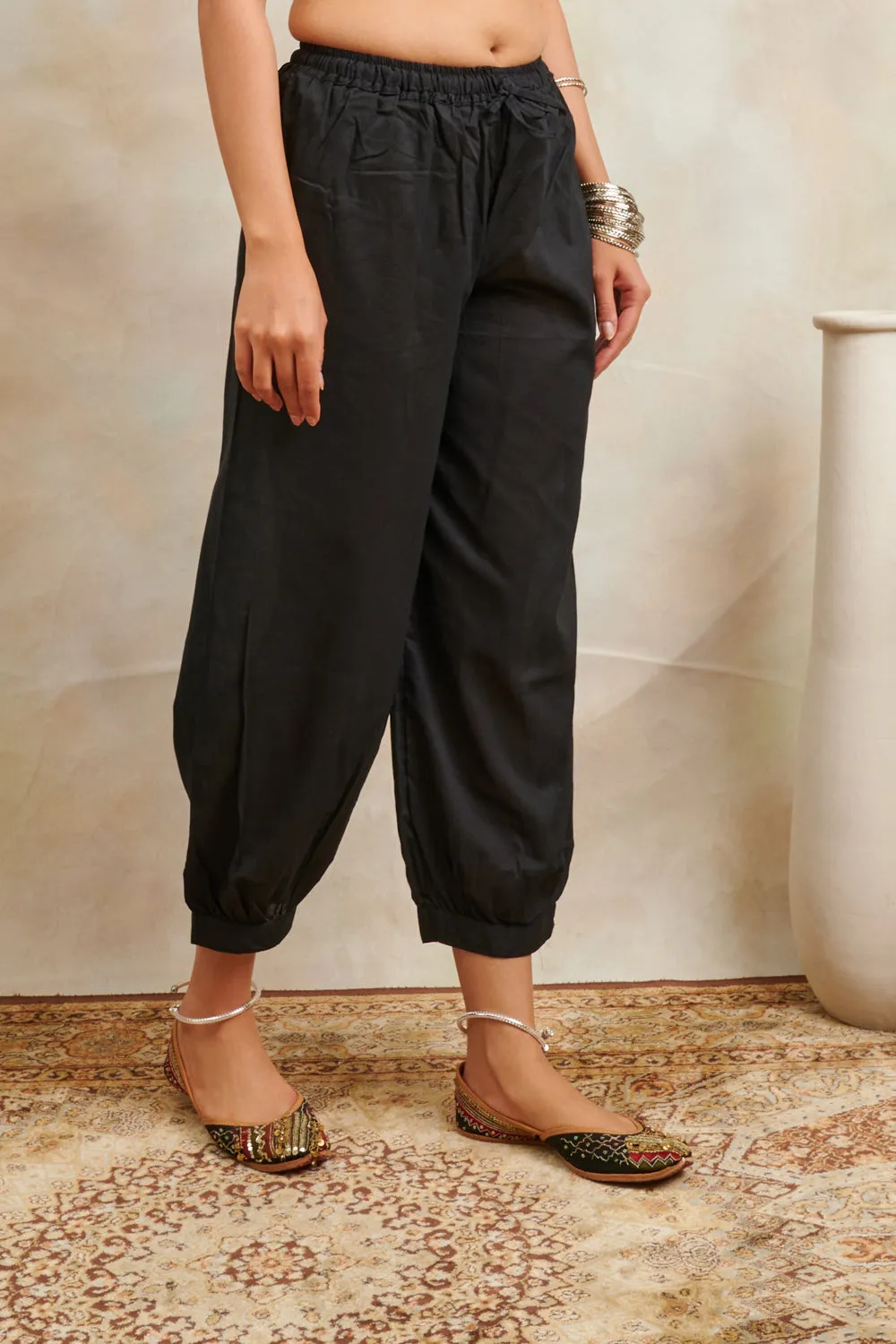 Plain Black Soft Cotton Relaxed Fit Izhaar Pants