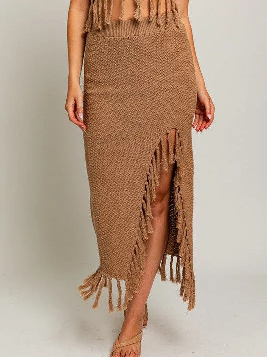 Playful Touch Tassel Detail Boho Midi Sweater Skirt
