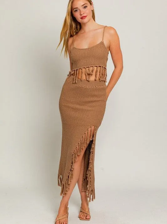 Playful Touch Tassel Detail Boho Midi Sweater Skirt