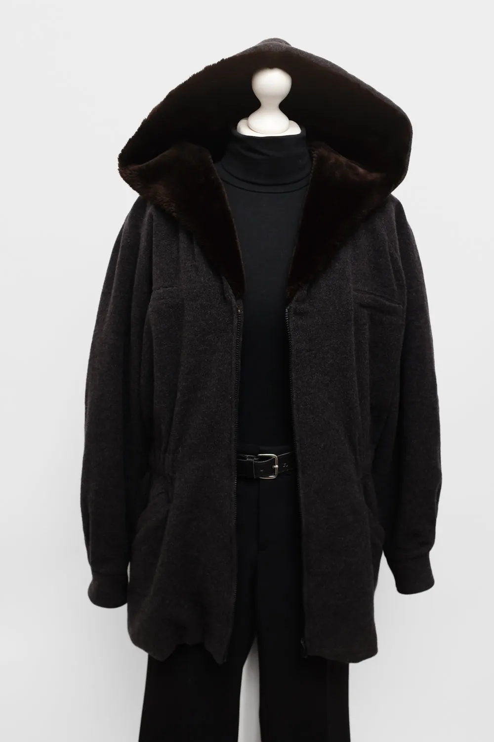 PURE CASHMERE WOOL WAISTED TEDDY HOODED JACKET