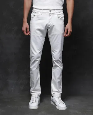 Rare Rabbit Men Corvo Off White Cotton Polyester Fabric Slim Fit Plain Denim Pant