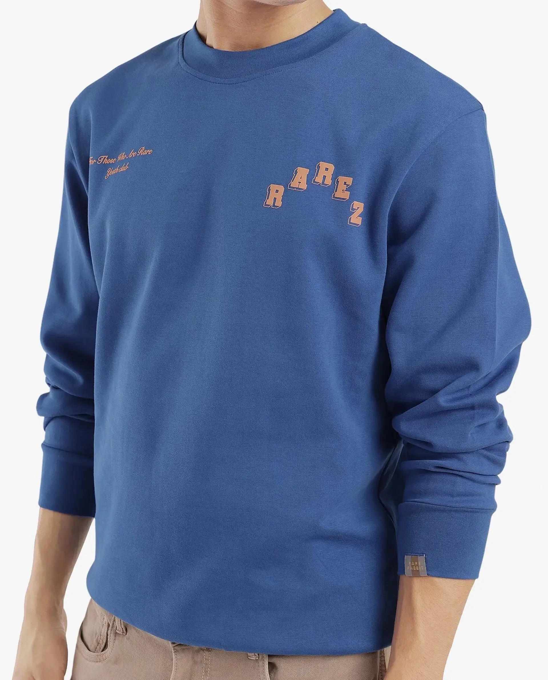 Rare Rabbit Men Kany-2 Blue Cotton Fabric Full Sleeve Towel Embroidered Regular Fit Sweatshirt