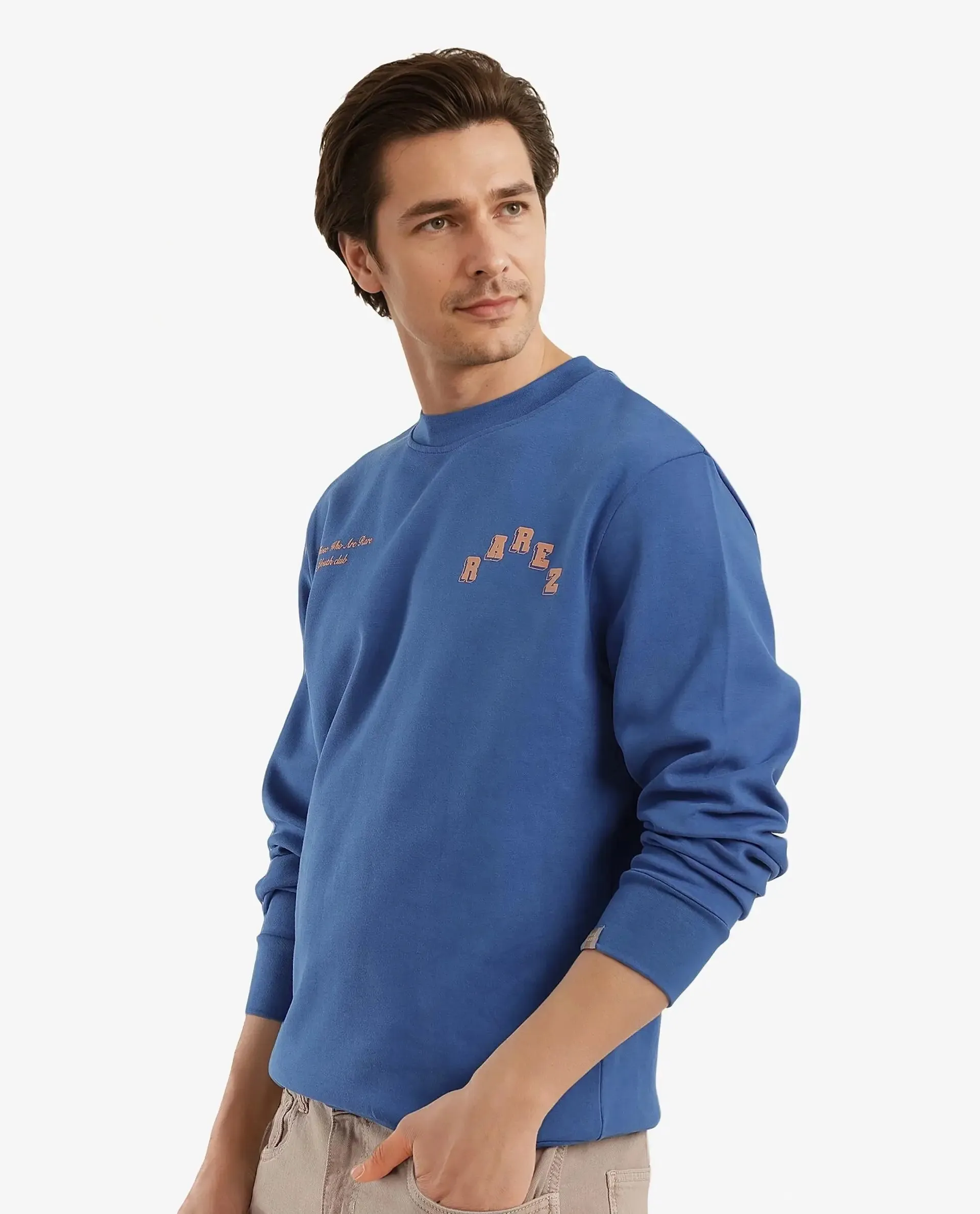 Rare Rabbit Men Kany-2 Blue Cotton Fabric Full Sleeve Towel Embroidered Regular Fit Sweatshirt