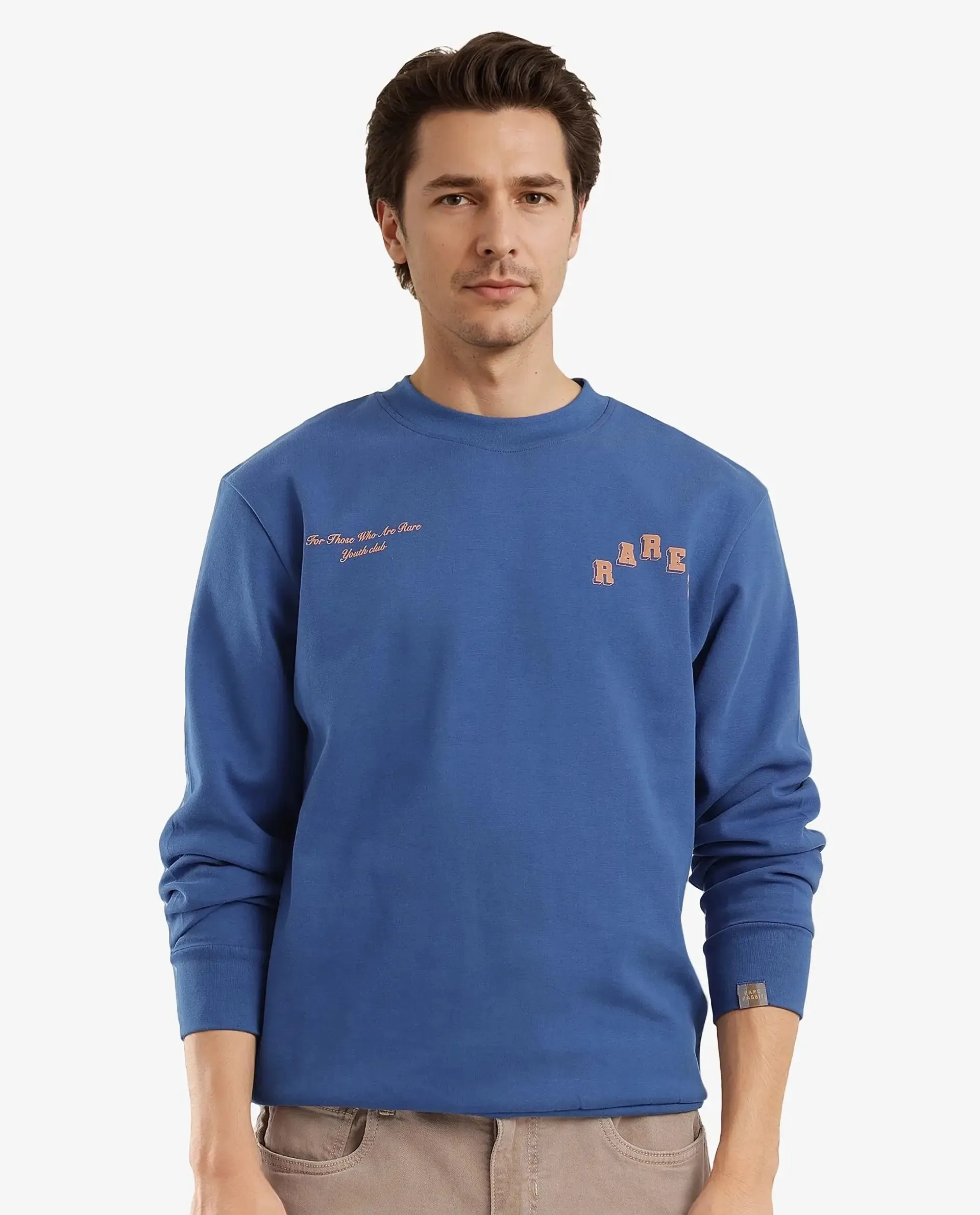 Rare Rabbit Men Kany-2 Blue Cotton Fabric Full Sleeve Towel Embroidered Regular Fit Sweatshirt