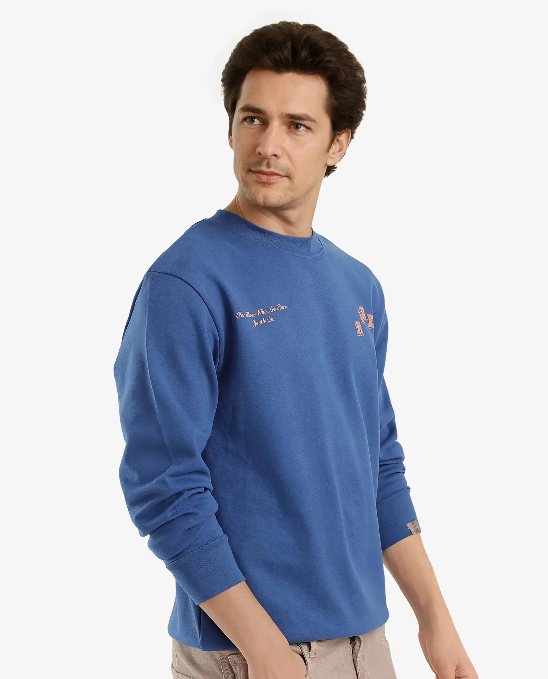 Rare Rabbit Men Kany-2 Blue Cotton Fabric Full Sleeve Towel Embroidered Regular Fit Sweatshirt