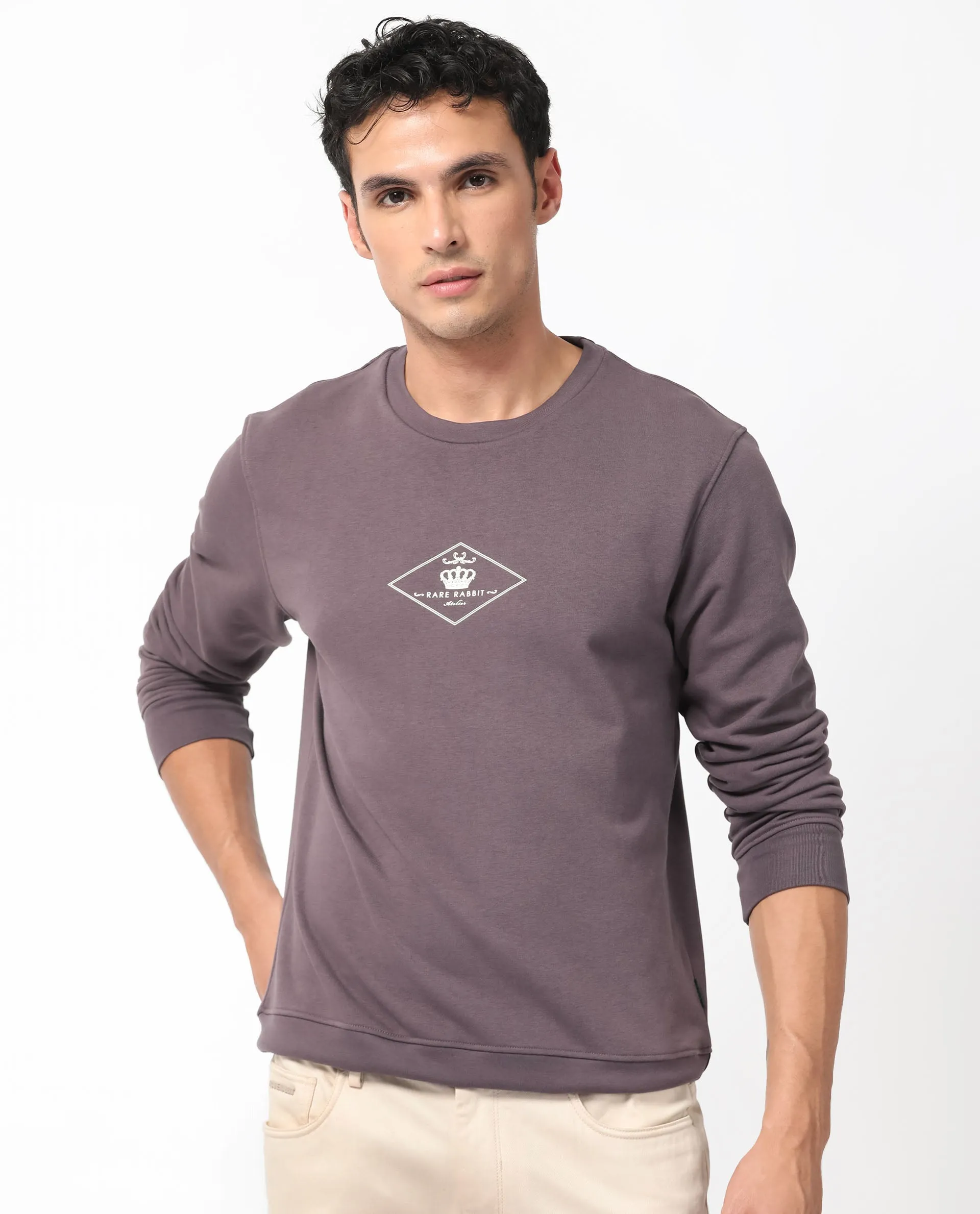 Rare Rabbit Men's Devonn Purple Cotton Polyester Fabric Full Sleeves Logo Graphic Print Knitted Sweatshirt