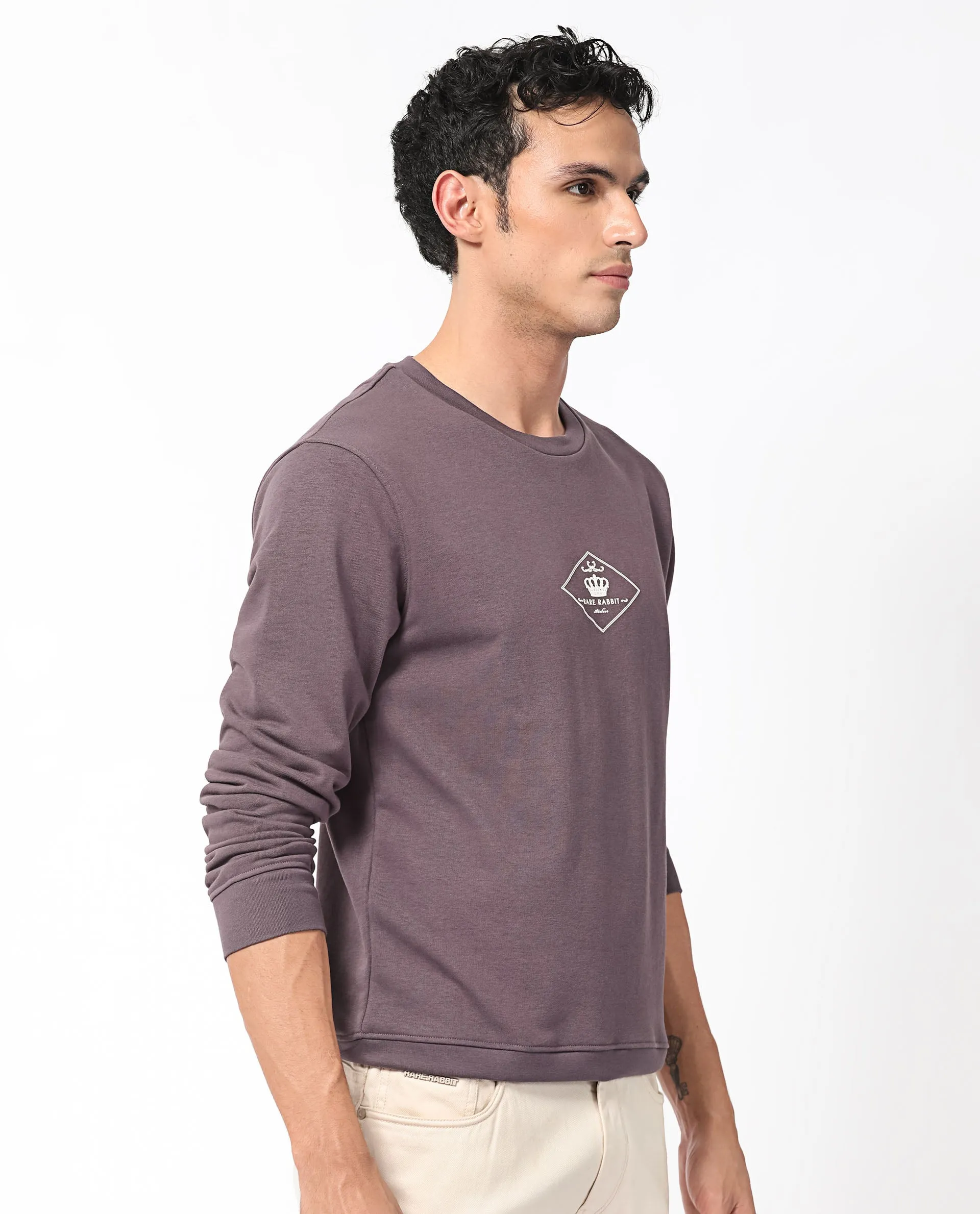 Rare Rabbit Men's Devonn Purple Cotton Polyester Fabric Full Sleeves Logo Graphic Print Knitted Sweatshirt