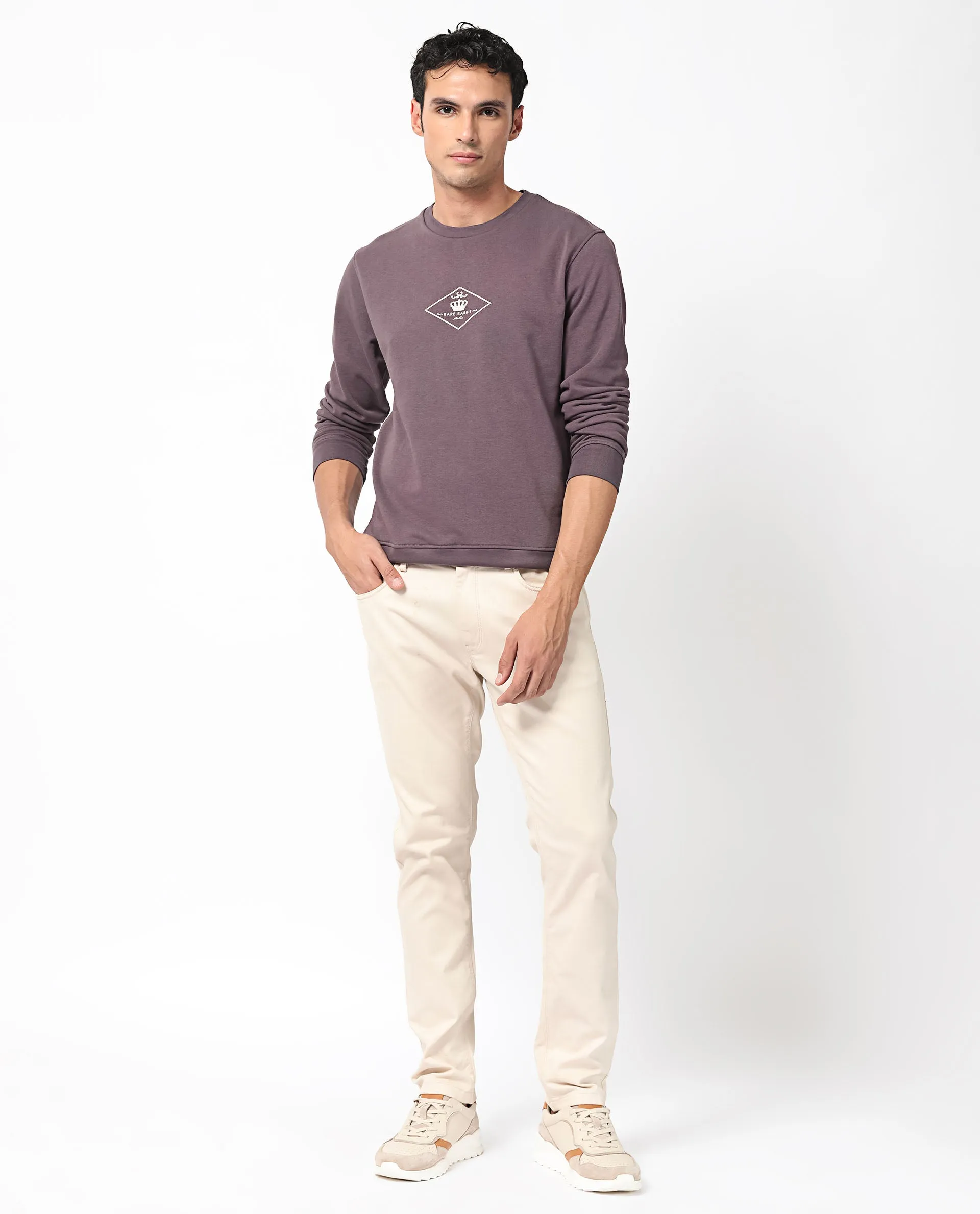 Rare Rabbit Men's Devonn Purple Cotton Polyester Fabric Full Sleeves Logo Graphic Print Knitted Sweatshirt