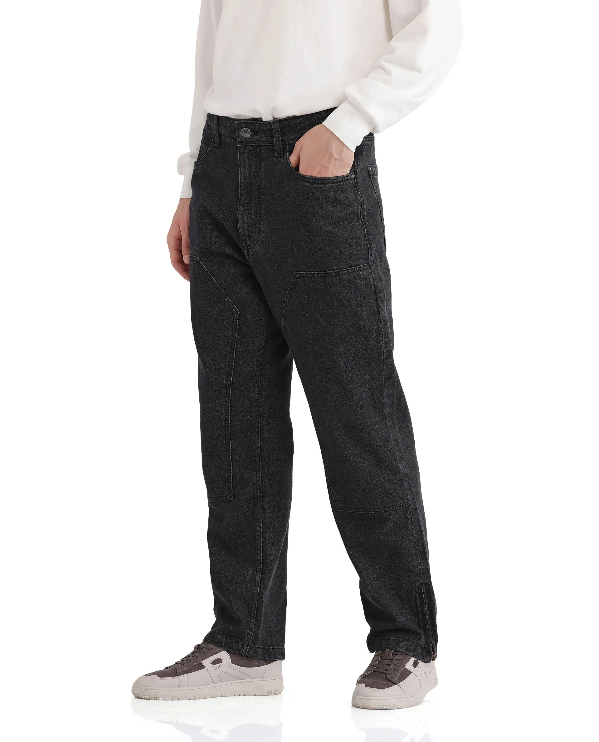 Rare Rabbit Men's Jettor Dark Grey Cotton Fabric Mid Rise Dark Wash Relaxed Fit Plain Jeans