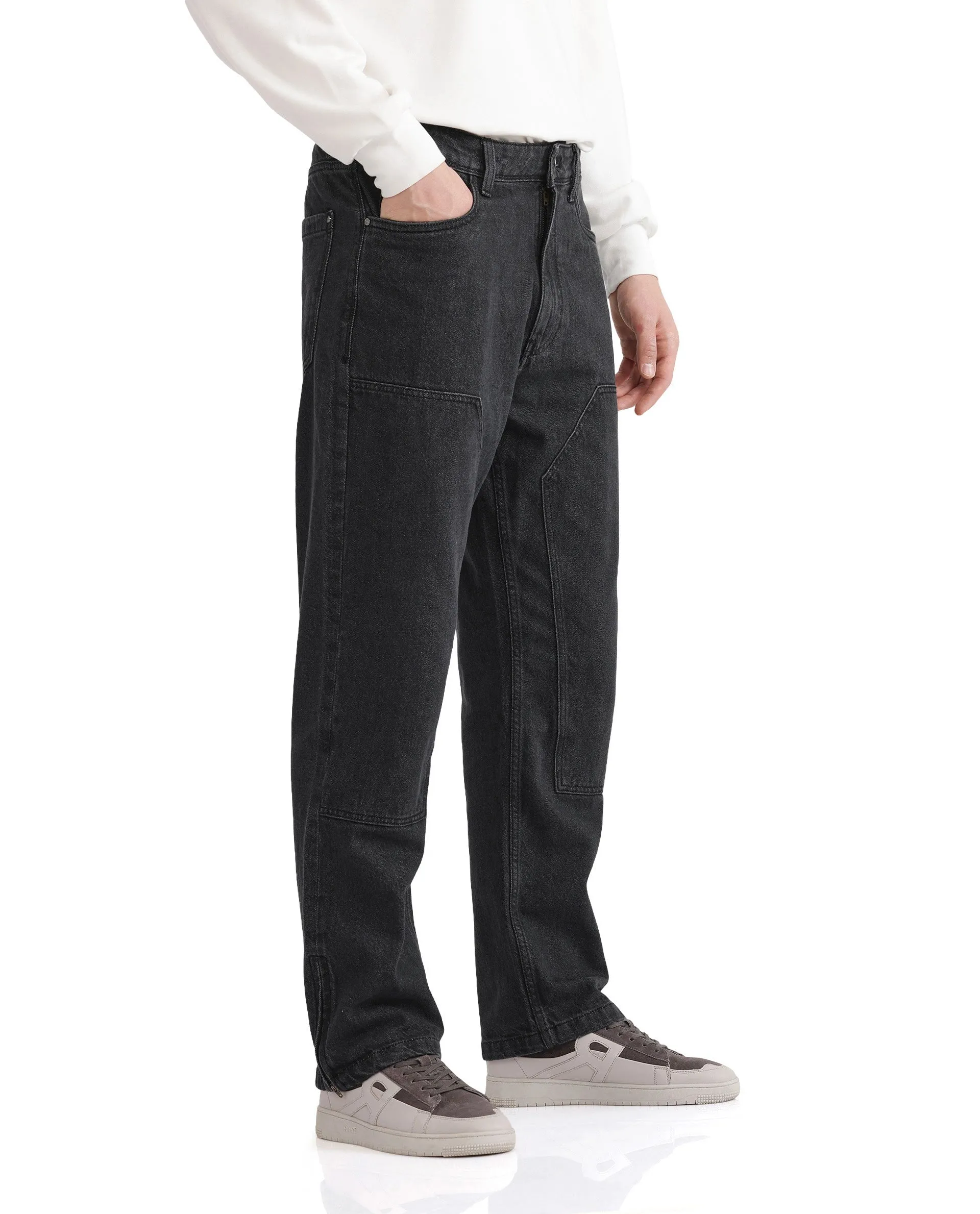 Rare Rabbit Men's Jettor Dark Grey Cotton Fabric Mid Rise Dark Wash Relaxed Fit Plain Jeans