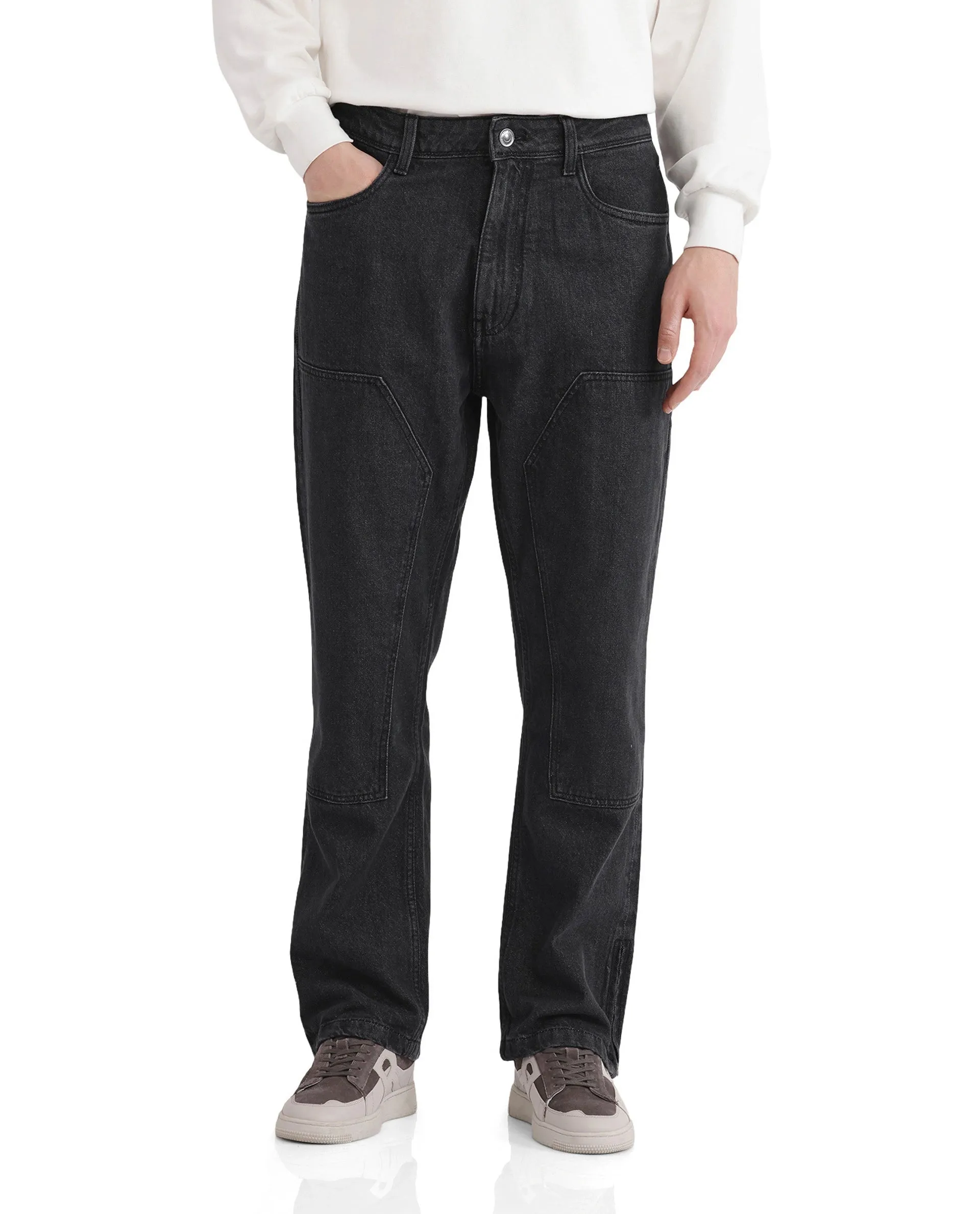 Rare Rabbit Men's Jettor Dark Grey Cotton Fabric Mid Rise Dark Wash Relaxed Fit Plain Jeans