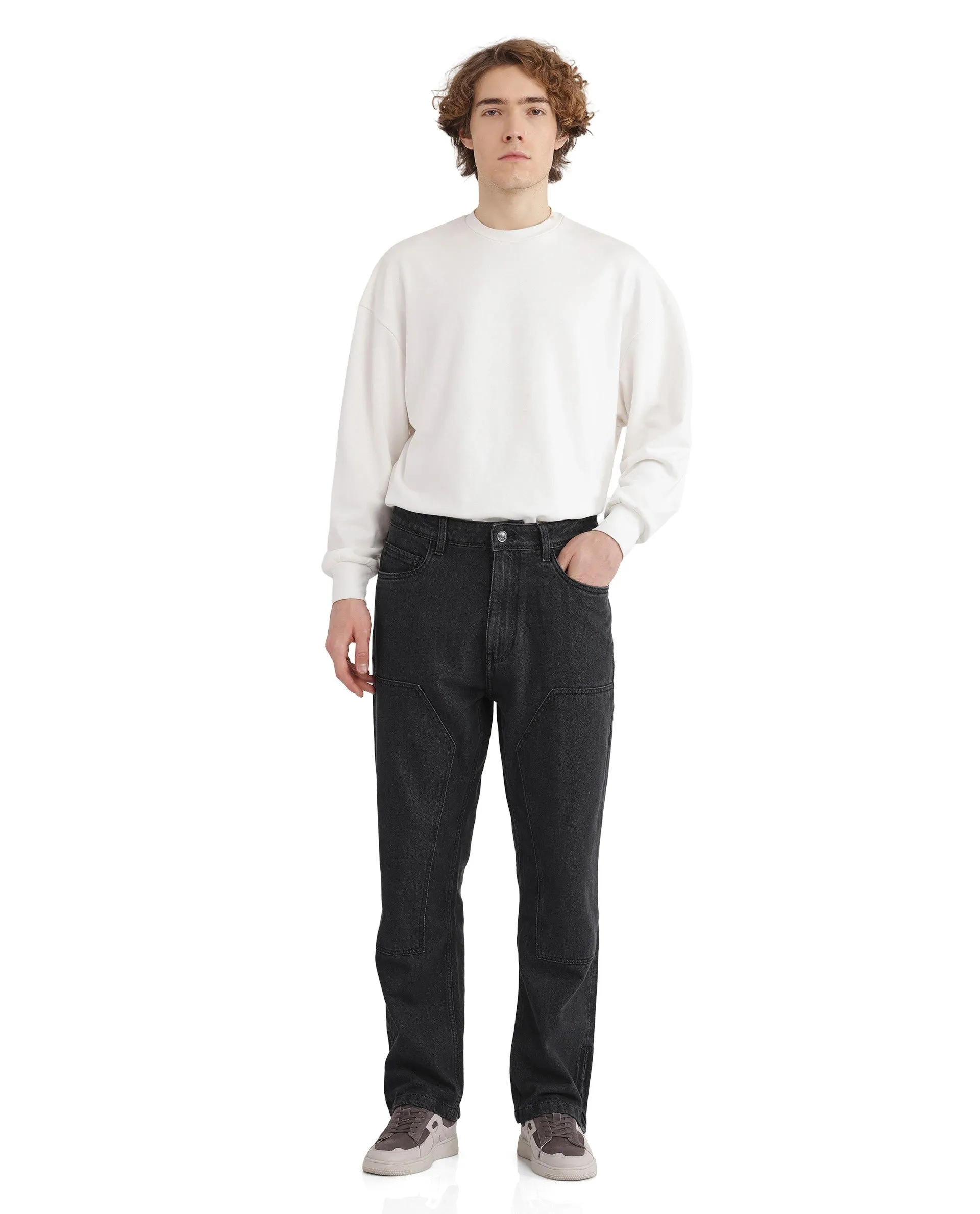 Rare Rabbit Men's Jettor Dark Grey Cotton Fabric Mid Rise Dark Wash Relaxed Fit Plain Jeans