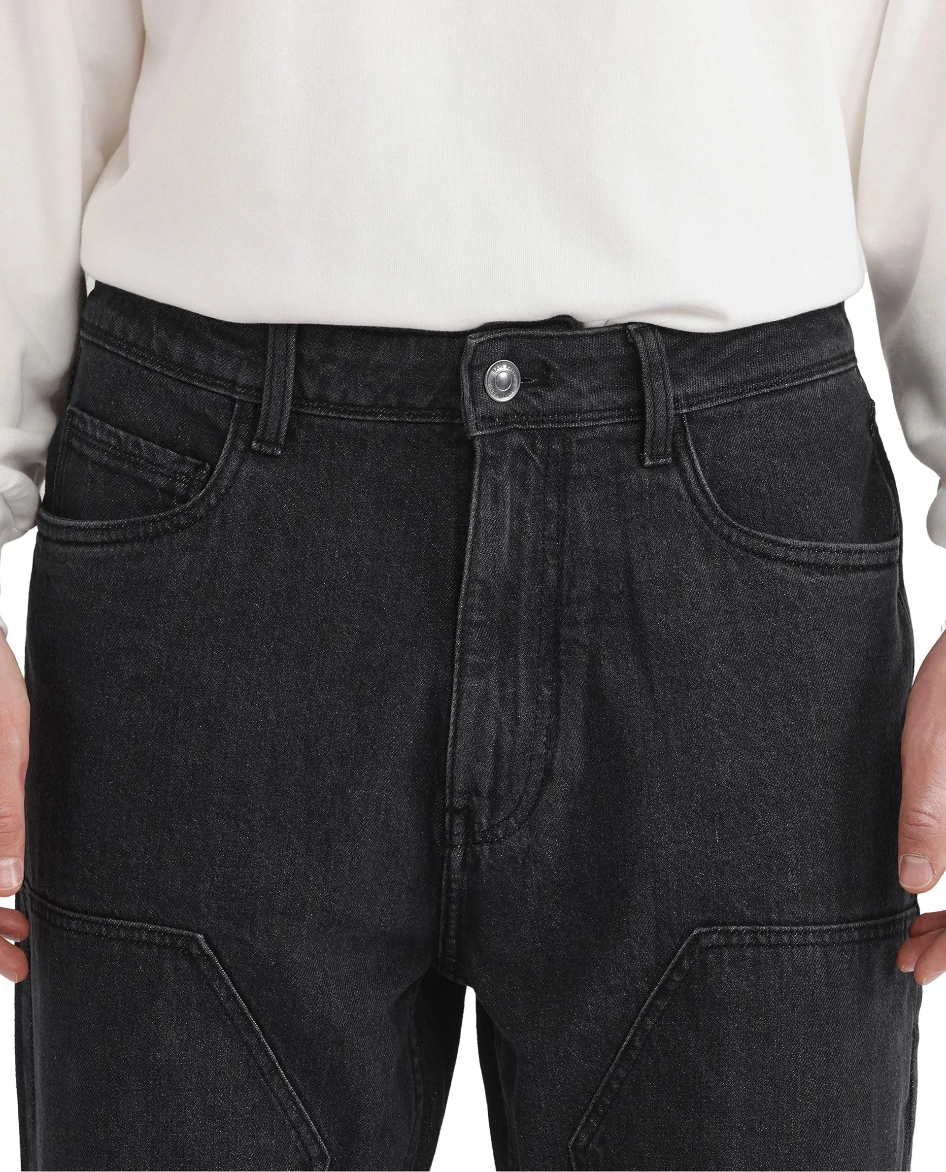 Rare Rabbit Men's Jettor Dark Grey Cotton Fabric Mid Rise Dark Wash Relaxed Fit Plain Jeans