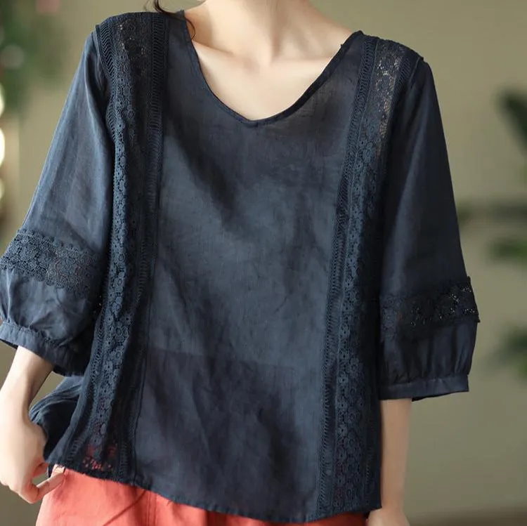 Relaxed Fit V Neck Puff Sleeves Linen Top